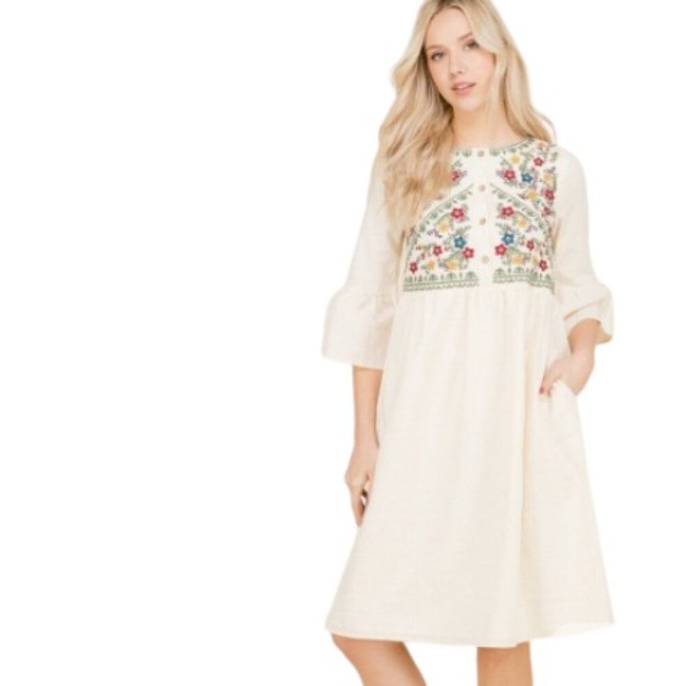 Polygram Womens Midi Dress Cream Floral Embroidered Cottagecore Boho Pockets M